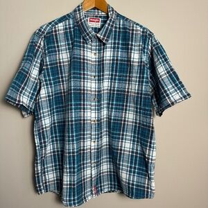 Wrangler Men's Teal Blue Plaid Short Sleeve Western Cowboy‎ Button Up Shirt XL